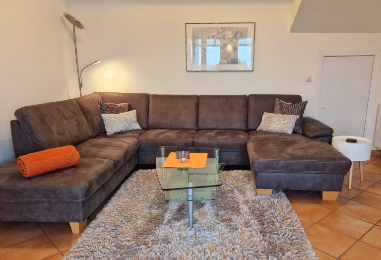 Großzügiges Wohnzimmer der Ferienwohnung Pfänder mit Ecksofa, Couchtisch und Teppich